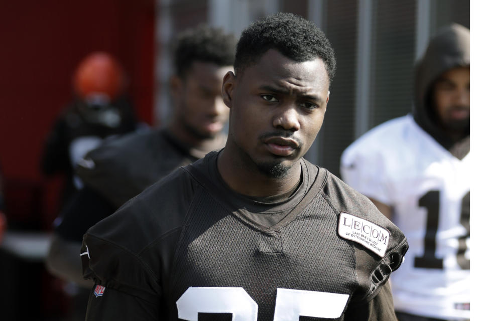 FILE - In this July 25, 2019, file photo, Cleveland Browns defensive back Jermaine Whitehead walks out on the field during practice at the NFL football team's training camp facility, in Berea, Ohio. Whitehead has been released by the team following his disturbing social media rant after a loss in Denver. The Browns announced the move Monday, Nov. 4, 2019, hours after rebuking Whitehead for “totally unacceptable and highly inappropriate behavior” following a 24-19 loss to the Broncos on Sunday. (AP Photo/Tony Dejak, File)