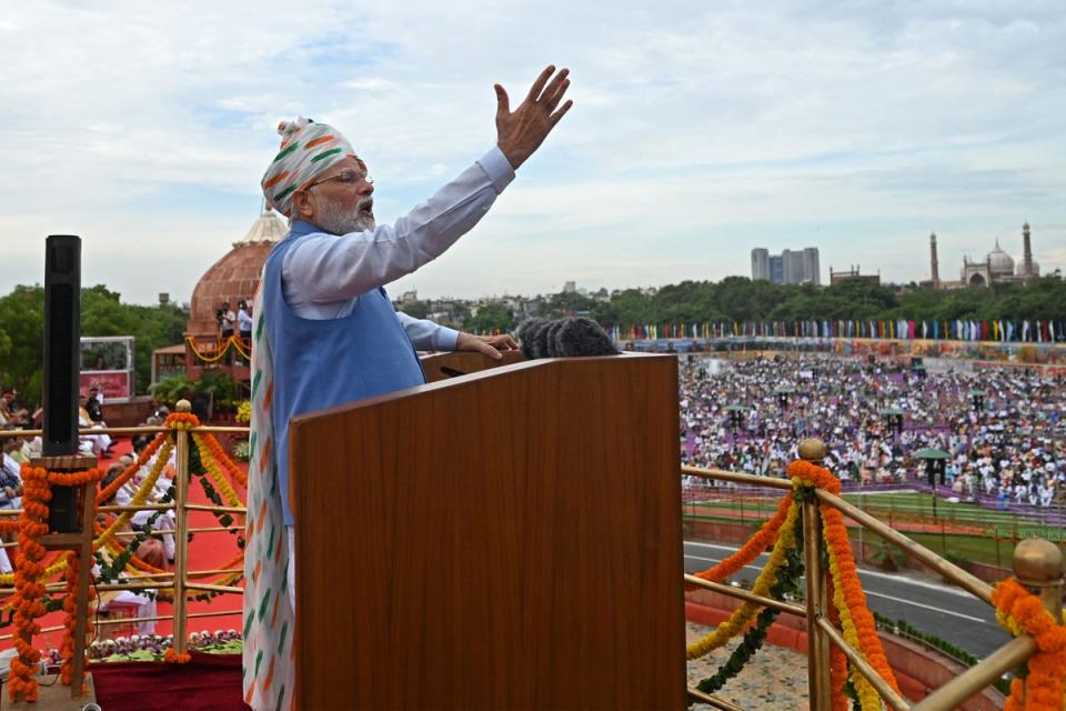 File. India’s prime minister Narendra Modi addresses the nation from the ramparts of the Red Fort during the celebrations to mark countrys Independence Day in New Delhi on 15 August 2022 (AFP via Getty Images)