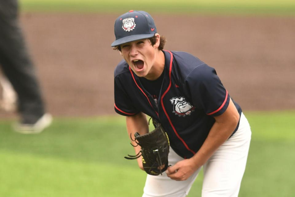 Columbia Academy pitcher Jackson Lee (31) yells in victory after striking out the final batter during the Division II Class A TSSAA baseball tournament game against Goodpasture on Wednesday, May 22, 2024 in Murfreesboro, Tenn.