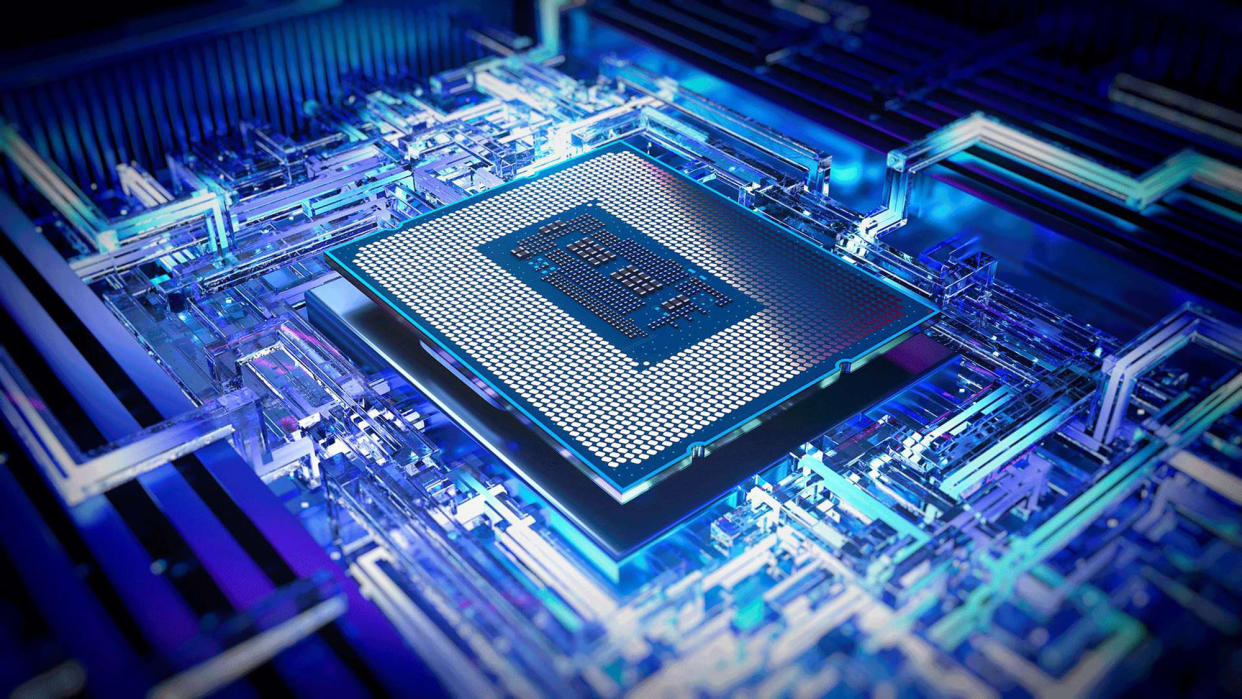  Close up shot of an Intel chip. 