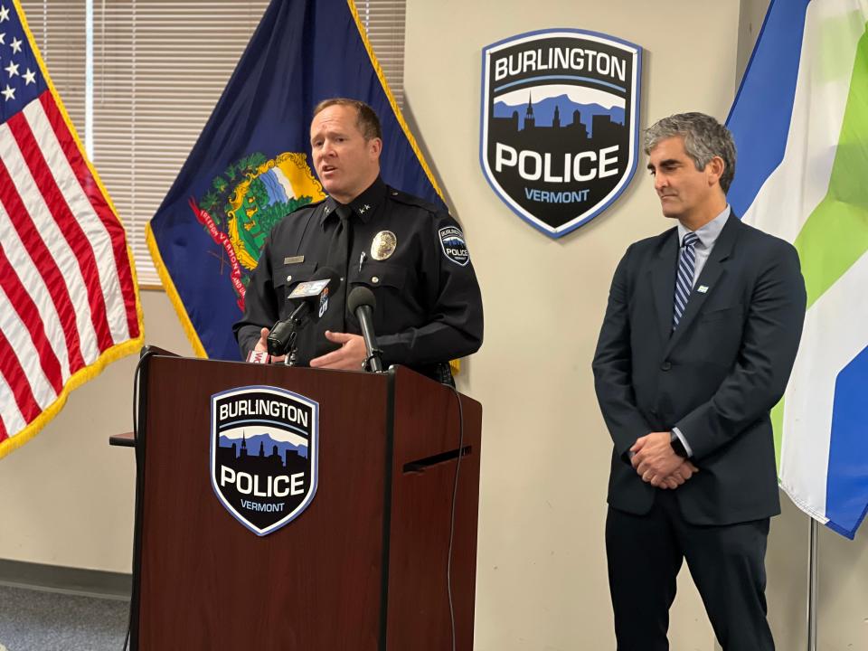 Burlington Police Chief Jon Murad talks to media and the public via livestream at a press conference on Nov. 13, 2023, about a double homicide in Burlington. Mayor Miro Weinberger, right, also expressed his concerns about public safety in Burlington and ways the city is addressing gun violence.