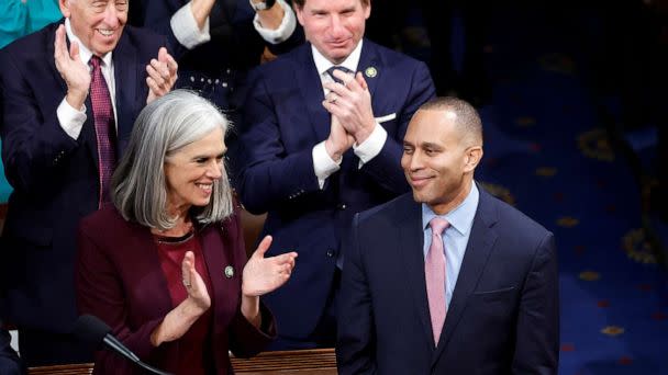 PHOTO: Incoming House Democratic Leader Hakeem Jeffries is acknowledged on the first day of the 118th Congress in the House Chamber of the U.S. Capitol, Jan. 3, 2023 in Washington. (Anna Moneymaker/Getty Images)