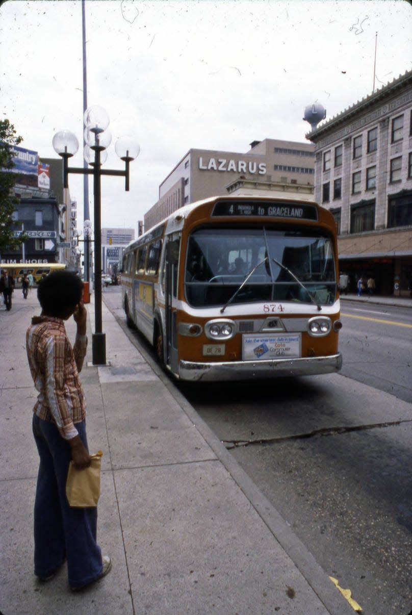 Many COTA lines have been serving the central Ohio community for decades. Pictured here is Line 4 on South High Street, with the Lazarus department store in the background. That line still runs there today.