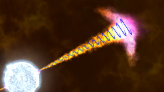 An artist's illustration of how theoretical models link the presence of strong, stable polarized light in a gamma-ray burst's jet with a large-scale magnetic field (a blue spiral) originating from the newly formed black hole.