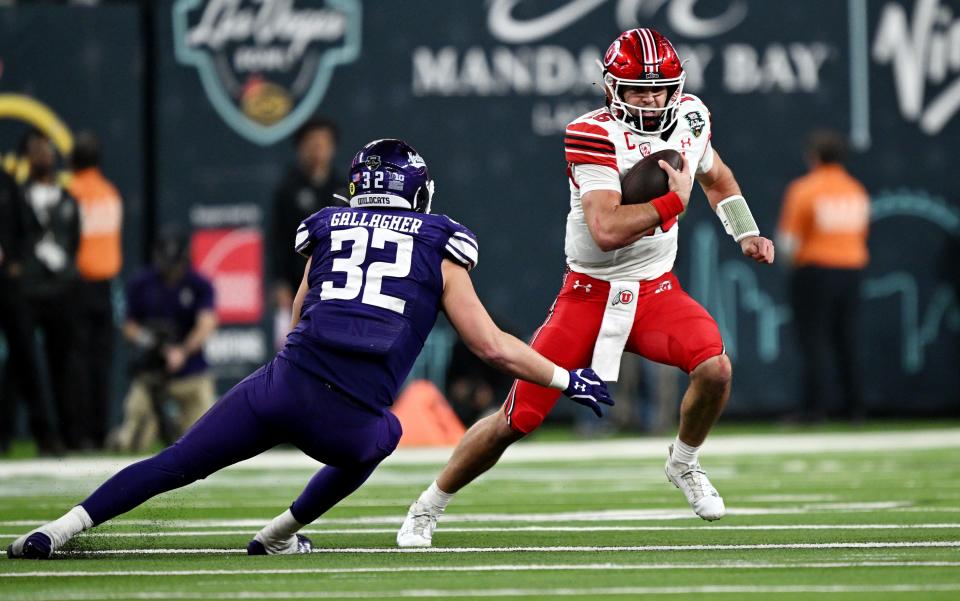 Utah Utes quarterback Bryson Barnes (16) tries to avoid Northwestern Wildcats linebacker Bryce Gallagher (32) as Utah and Northwestern play in the SRS Distribution Las Vegas Bowl at Allegiant Stadium on Saturday, Dec. 23, 2023. Northwestern won 14-7. | Scott G Winterton, Deseret News