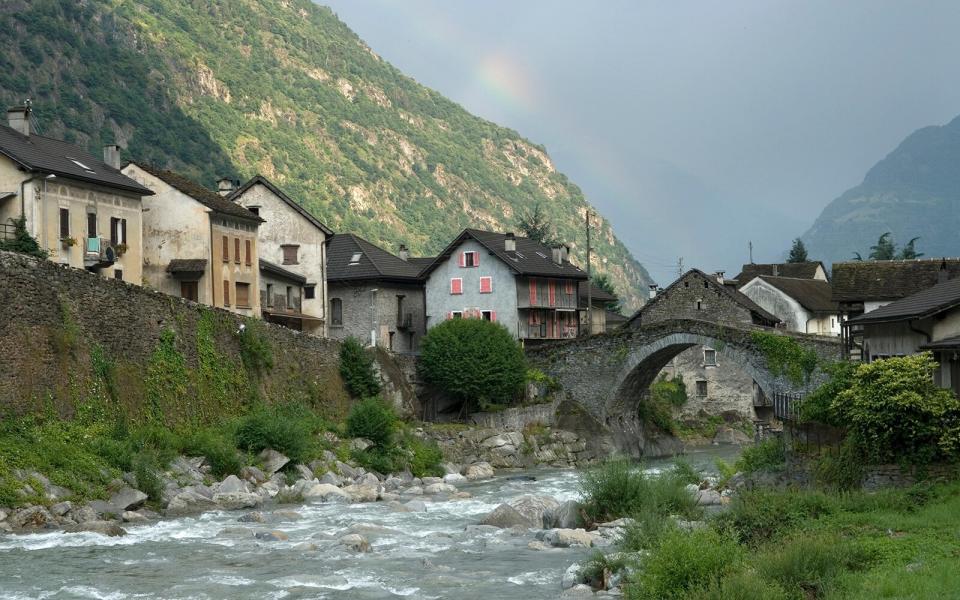 mountain town on the river in Giornico, Switzerland