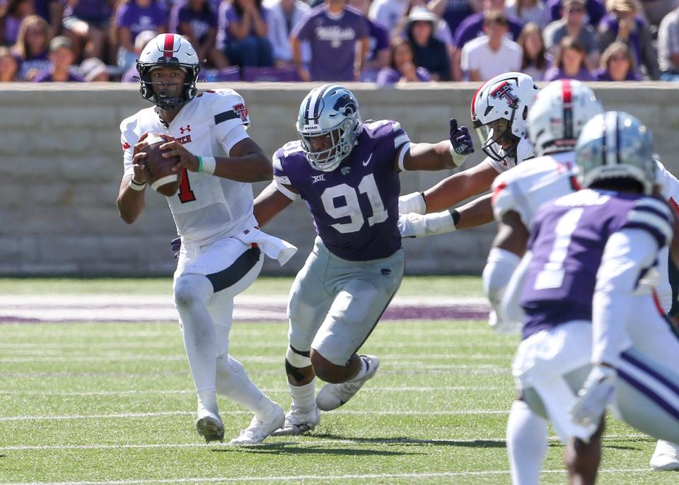Kansas State defensive end Felix Anudike-Uzomah (91) was selected by the Kansas City Chiefs with the 31st and final pick of the first round Thursday in the 2023 NFL Draft.
