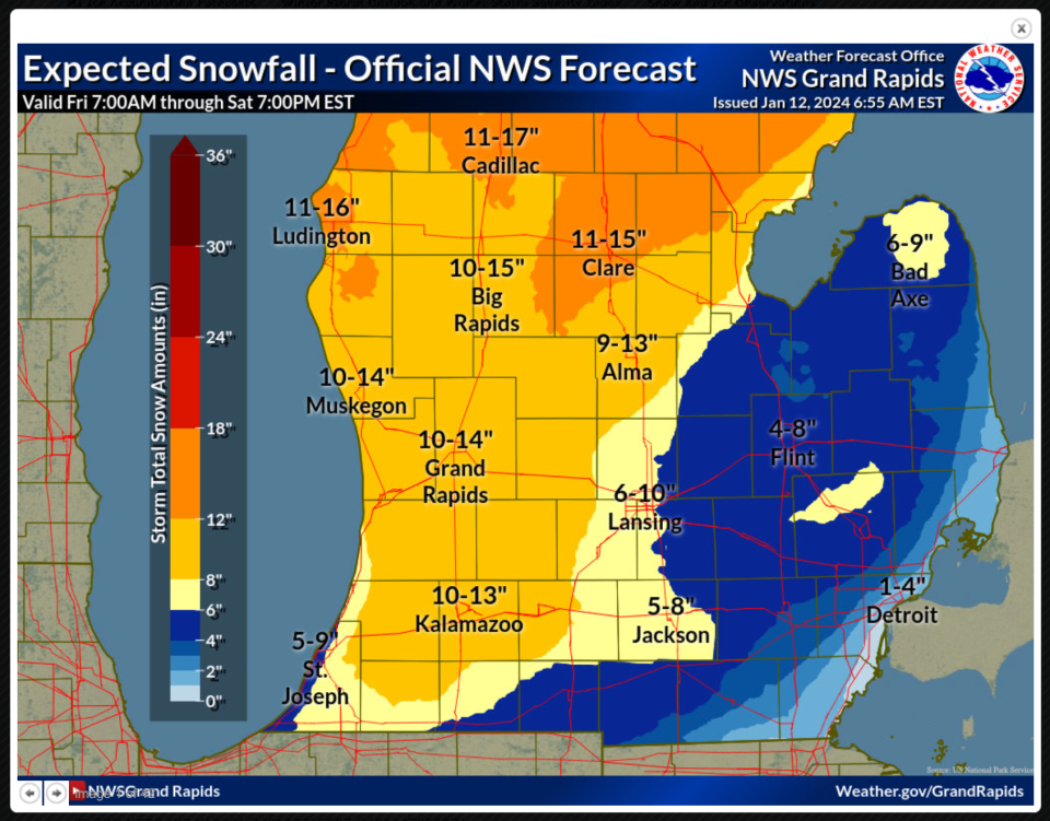 National Weather Service snowfall predictions for lower Michigan, from 7 a.m. Friday, Jan. 12 to 7 a.m. Saturday, Jan. 13.