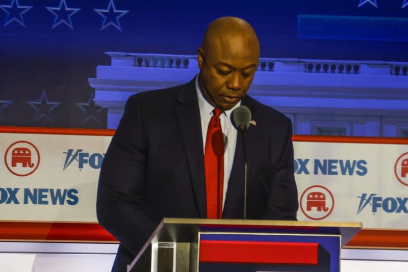 Republican presidential candidate Tim Scott stands at his position during the first Republican presidential candidate debate in Milwaukee, Wis., on Wednesday. Photo by Tannen Maury/UPI