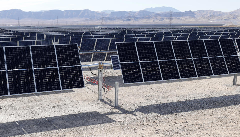 The 100-megawatt MGM Resorts' Mega Solar Array was launched on June 28, 2021, in Dry Lake Valley, Nevada. The project sits on 640 acres of desert about 30 miles north of the Las Vegas Strip in the Dry Lake Solar Energy Zone. (Ethan Miller/Getty Images)