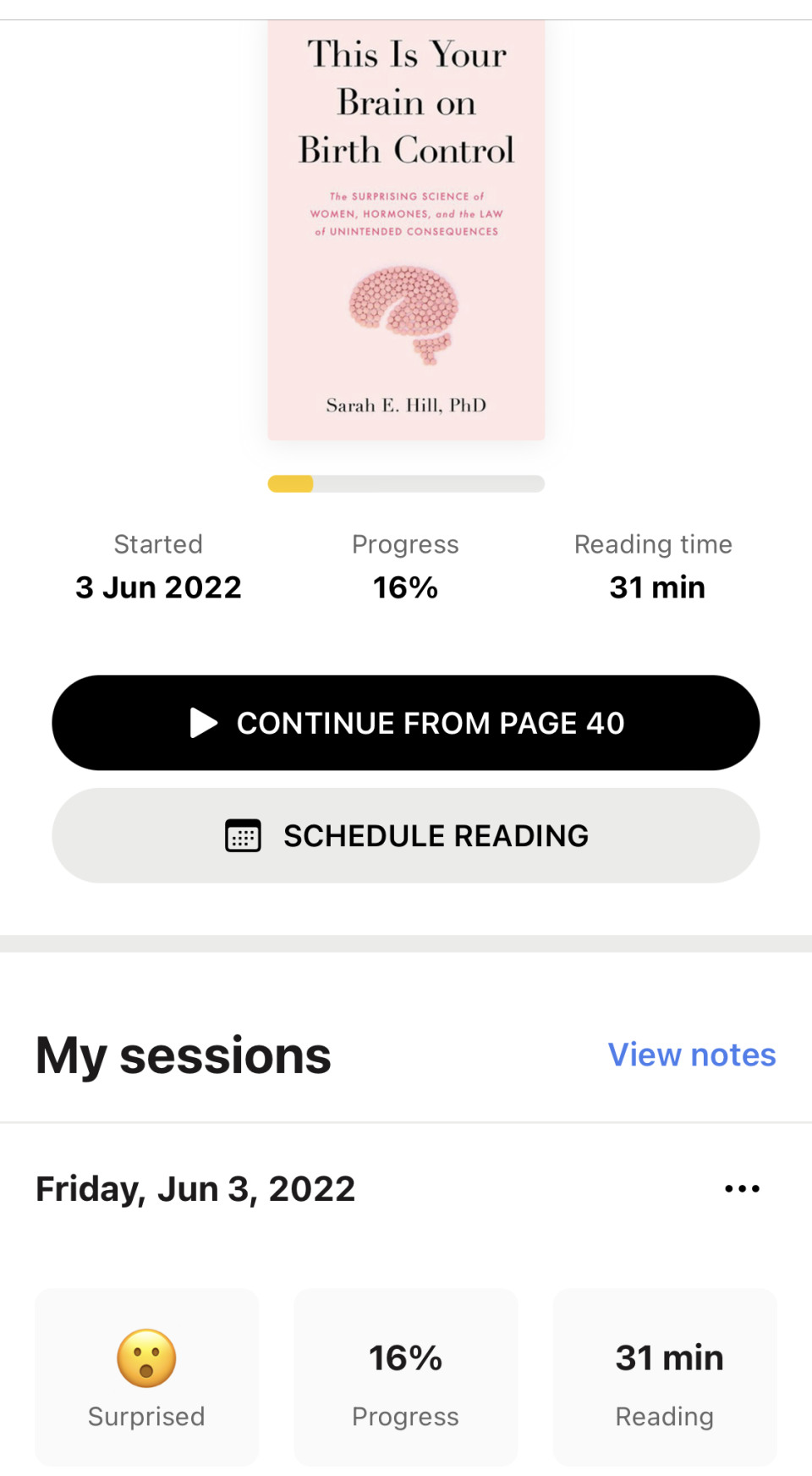 progess shows 16% with 31 minutes and reaction to the book as surprised