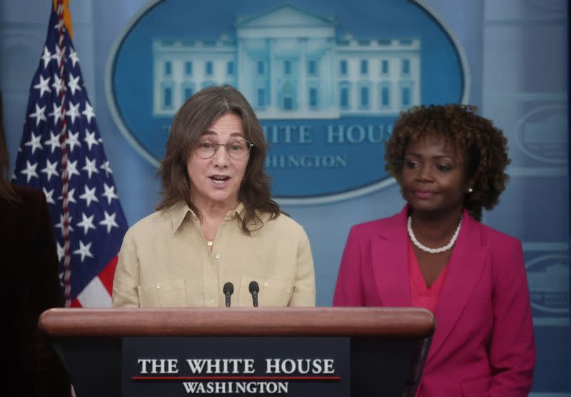 White House Press Secretary Karine Jean-Pierre holds a press briefing with cast members from The L-Word at the White House