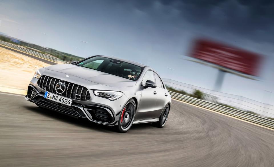 <p>It's not subtle. An AMG-specific grille, wide front fenders and wheel arches, and a low nose define the new CLA45 S.</p>