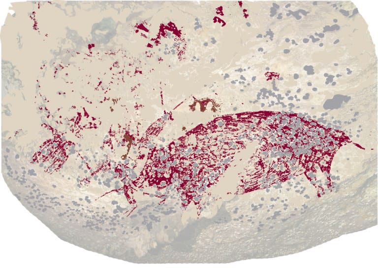 Drei verschwommene Figuren neben einem großen roten Schwein: Dank einer neuen Methode haben Forscher das vermutlich älteste in einer Höhle auf der indonesischen Insel Sulawesi entdeckte Erzähl-Kunstwerk der Welt datiert. Laut einer Studie im Fachmagazin "Nature" ist die Höhlenmalerei 51.000 Jahre alt. (-)