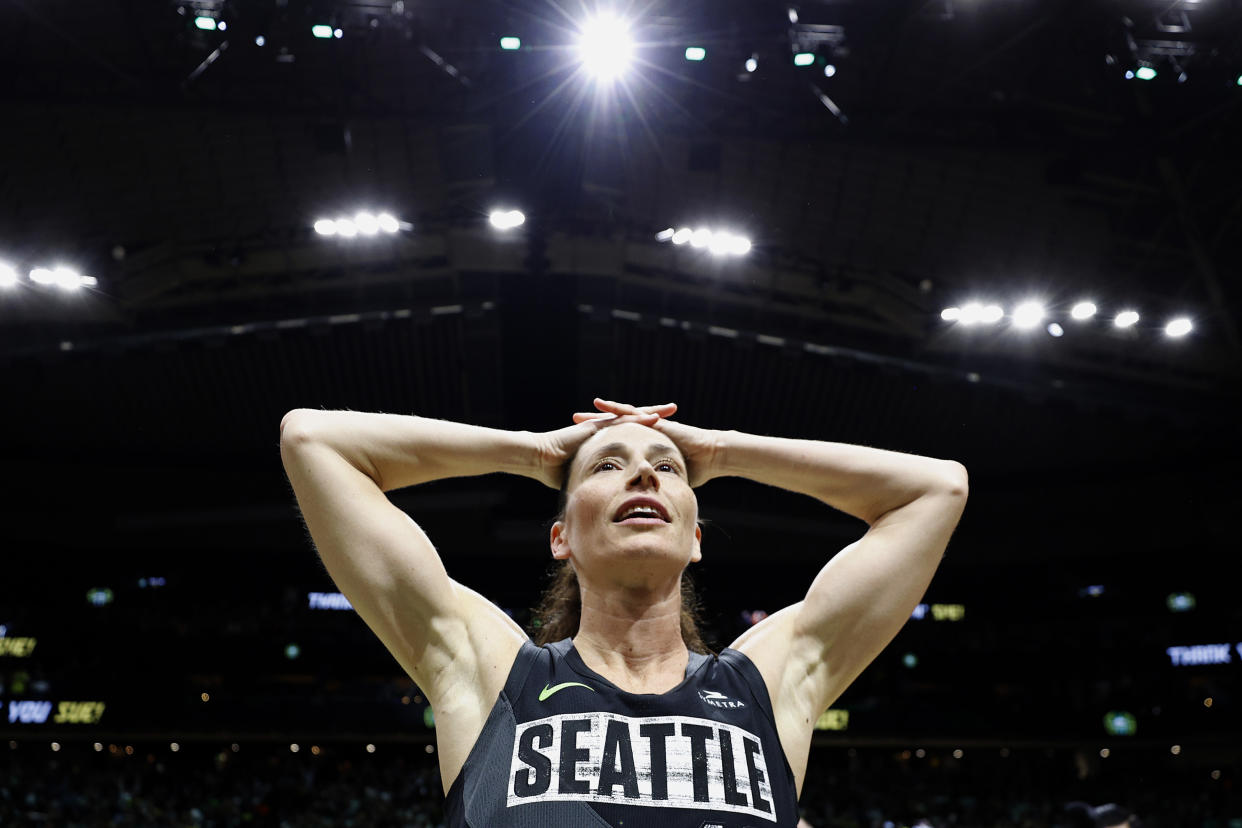 Seattle Storm legend Sue Bird reacts after the final game of her career, a loss in the 2022 WNBA semifinals at Climate Pledge Arena in Seattle on Sept. 6, 2022. (Steph Chambers/Getty Images)