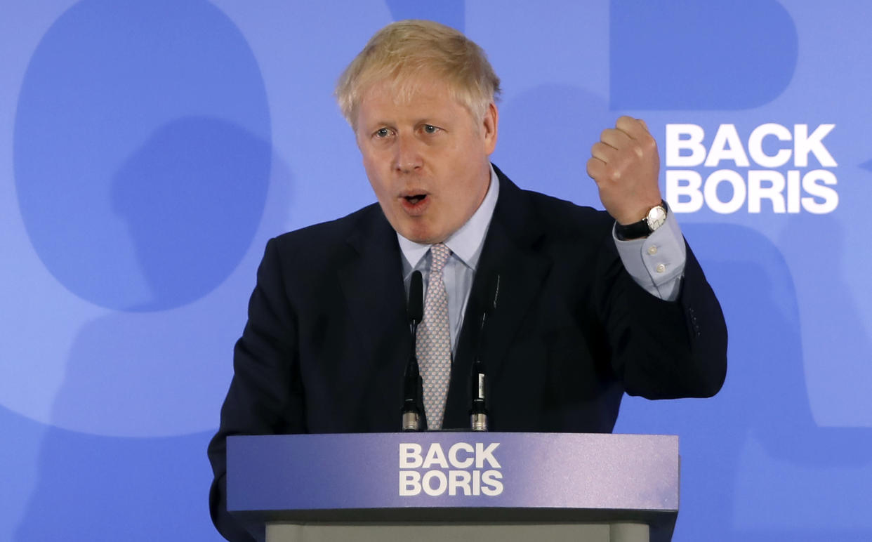 Conservative MP Boris Johnson speaks during his Conservative Party leadership campaign launch in London on June 12, 2019. - Boris Johnson launched his campaign Wednesday to replace Theresa May as Britain's next leader, as lawmakers moved to stop him and other hardliners from delivering a "n (Photo by Tolga AKMEN / AFP)        (Photo credit should read TOLGA AKMEN/AFP/Getty Images)