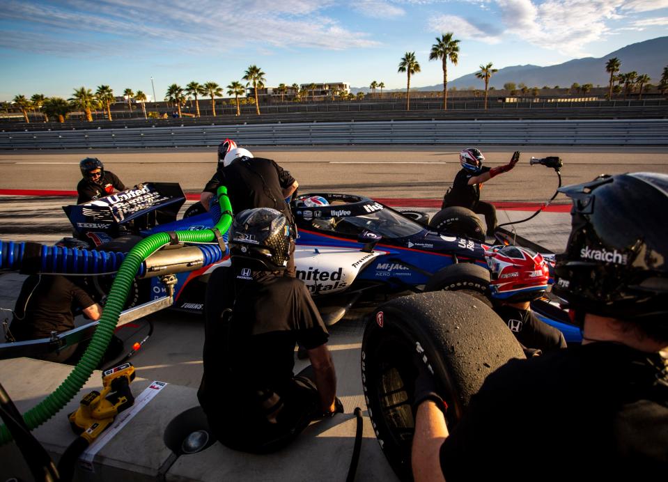 Graham Rahal of Rahal Letterman Lanigan Racing pulls in for a practice pit stop at the end of the afternoon session during day two of NTT IndyCar Series open testing at The Thermal Club in Thermal, Calif., Friday, Feb. 3, 2023. 