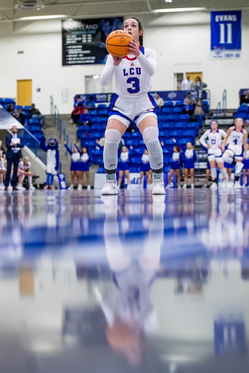 Audrey Robertson (3), pictured in a game Thursday, scored 10 points Saturday to help Lubbock Christian University beat St. Mary's 60-46 in Lone Star Conference basketball at the Rip Griffin Center.