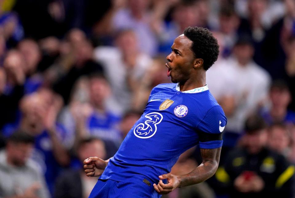 Raheem Sterling celebrating his goal in Chelsea’s 1-1 draw with RB Salzburg (John Walton/PA) (PA Wire)