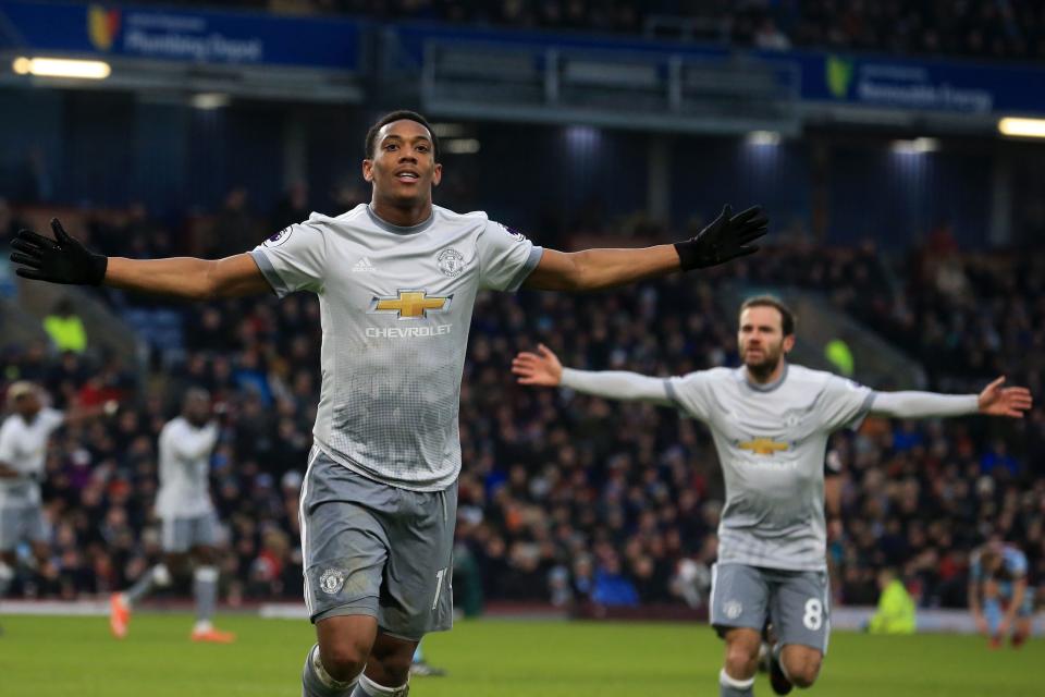 Anthony Martial celebrates the only goal of Manchester United’s 1-0 win over Burnley. (Getty)