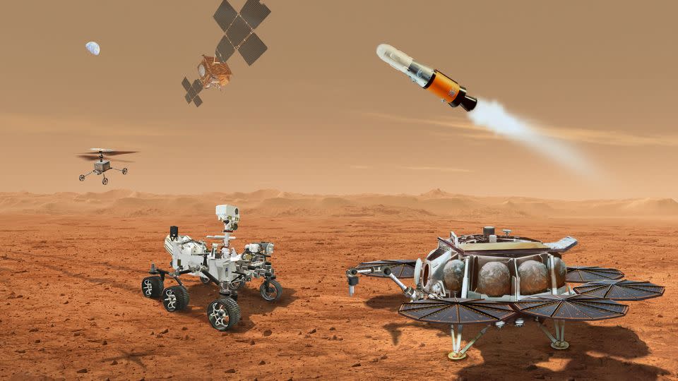 An illustration shows a concept for multiple robots that would team up to ferry to Earth samples collected by NASA's Mars Perseverance rover. - NASA/JPL-Caltech