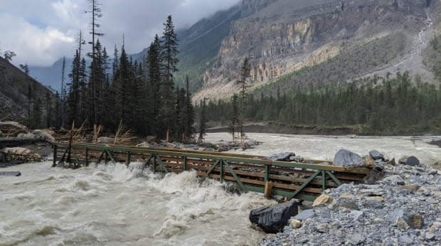 A bridge near the Whitehorn Campground on Berg Lake Trail of Mount Robson Provincial Park in northern B.C. was covered by flood water on July 2 amid the heat wave. (Sean Allin - image credit)