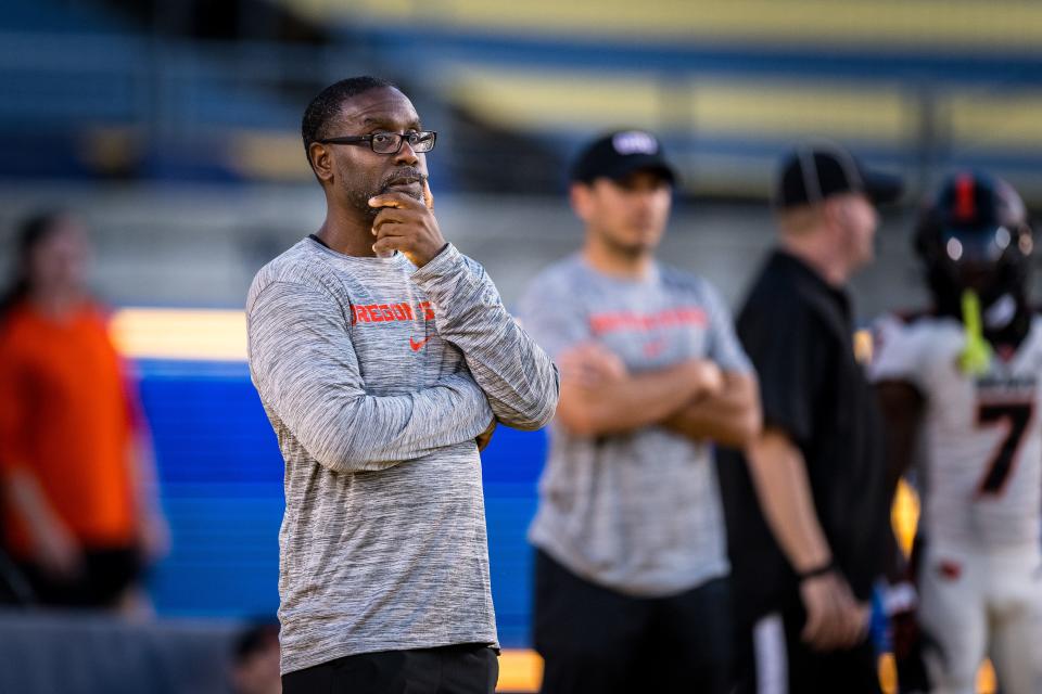 Oregon State wide receivers coach Kefense Hynson is the program’s interim head coach and will guide the Beavers in their upcoming bowl game.