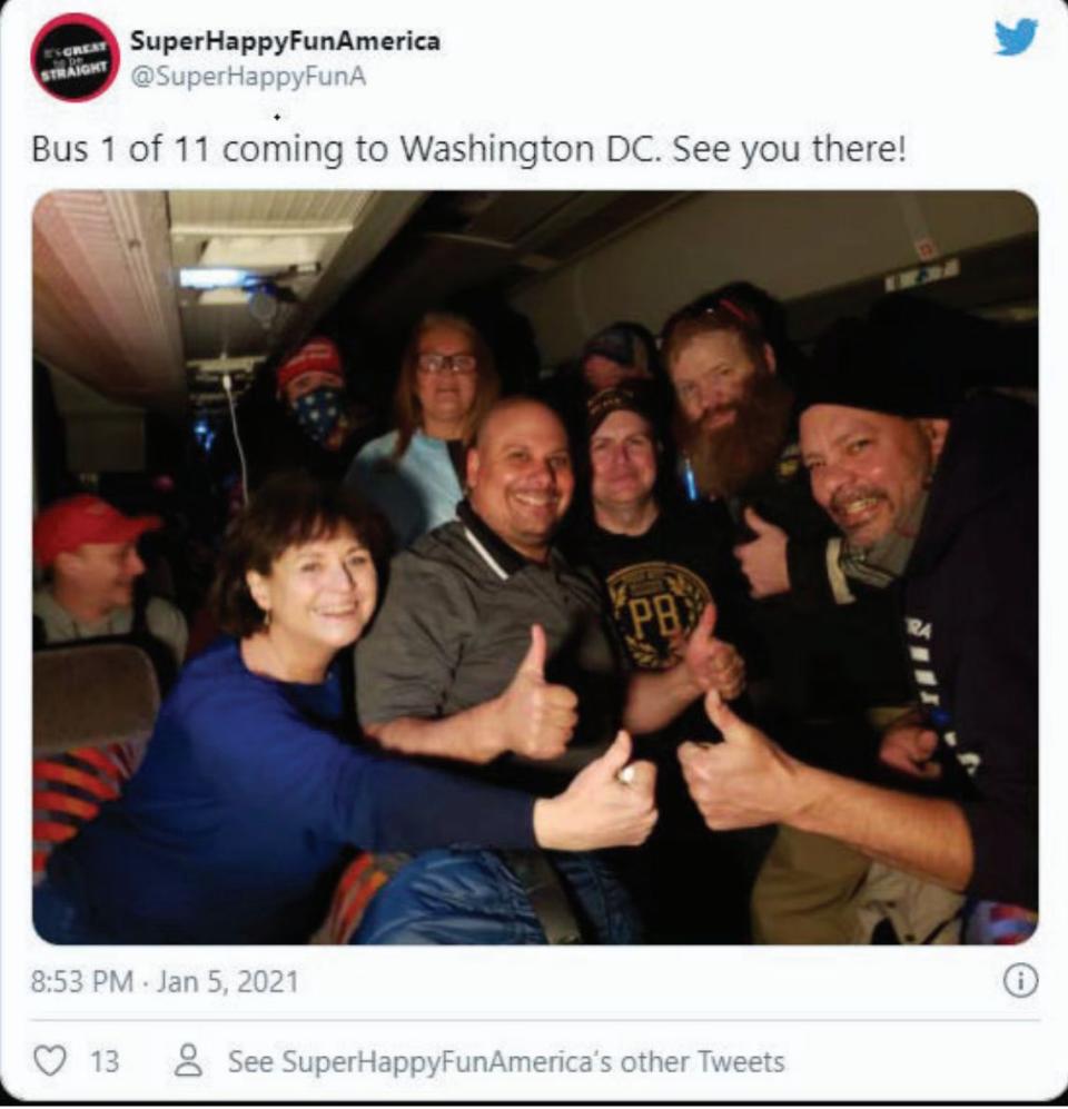 Suzanne Ianni, a member of the Town Meeting in Natick, Massachusetts, left, aboard a bus headed to Washington for the Jan. 6 "March to Save America" rally. She was arrested for breaching the Capitol. (Photo: U.S. Department of Justice)