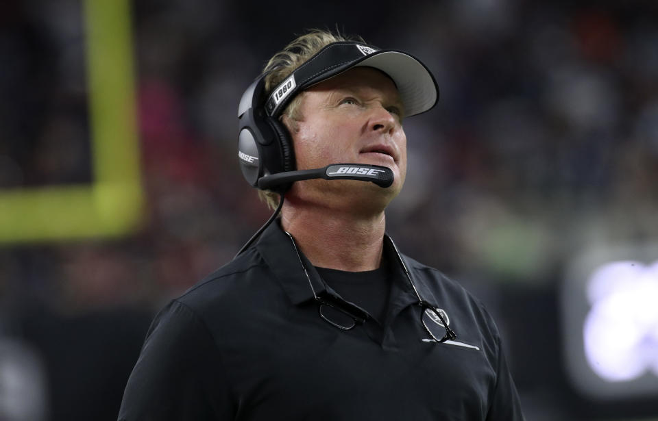 Someone should probably take away Jon Gruden's challenge flags. (Kevin Jairaj/USA Today)