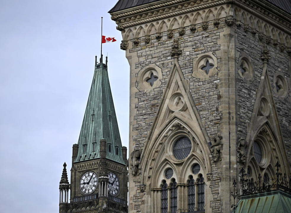 The flag on Parliament Hill's Peace Tower flies at half mast after the death of former prime minister Brian Mulroney, in Ottawa, on Friday, March 1, 2024. THE CANADIAN PRESS/Justin Tang