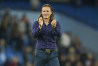 Wycombe Wanderers manager Gareth Ainswort gestures to the crowd following the English League Cup third round soccer match between Manchester City and Wycombe Wanderers at Etihad Stadium, in Manchester England, Tuesday, Sept. 21, 2021. (AP Photo/Dave Thompson)