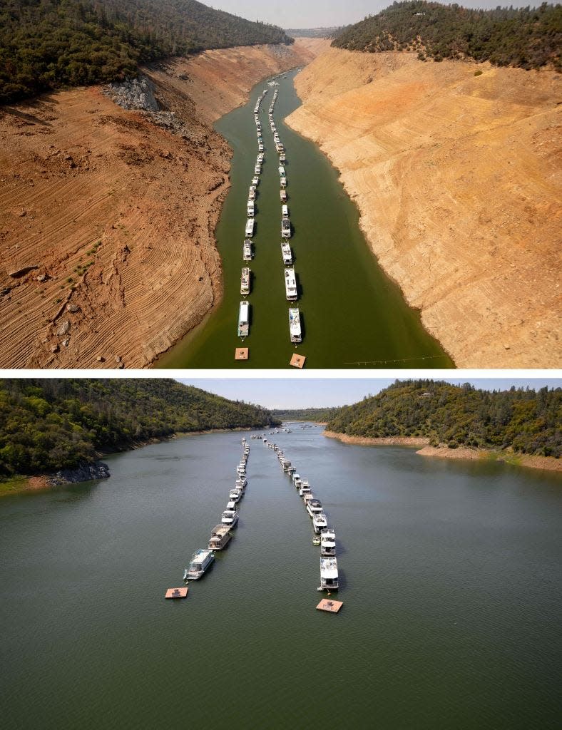 Houseboats parked on Lake Oroville in Oroville, California, on September 04, 2021 (top), and on April 16, 2023 (below).