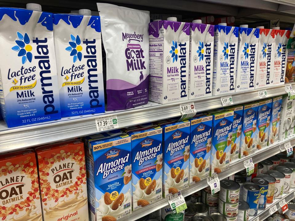 Boxed milk products are shown in a grocery store, Tuesday, April 11, 2023, in Surfside, Fla. On Wednesday, the Labor Department reports on U.S. consumer prices for March. (AP Photo/Wilfredo Lee)