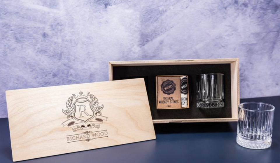 Personalised Whisky Glass Set with Whiskey Stones and Personalized Wood Box. PHOTO: Etsy