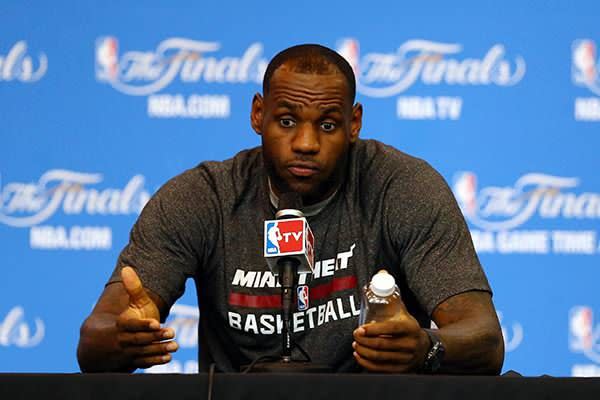 LeBron James speaks to the media on an off day following Game 4 of the 2014 NBA Finals. (Getty Images)