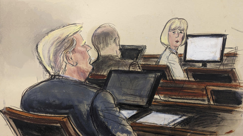 In this courtroom sketch, E. Jean Carroll, right, turns around towards former President Donald Trump, seated left, Tuesday, Jan. 16, 2024, in New York. (AP Photo/Elizabeth Williams)