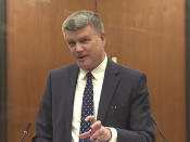 In this screen grab from video, Assistant Minnesota Attorney General Matthew Frank questions a potential juror as Hennepin County Judge Regina Chu presides over jury selection Thursday, Dec. 2, 2021, in the trial of former Brooklyn Center police Officer Kim Potter at the Hennepin County Courthouse in Minneapolis, Minn. Potter is charged with first- and second-degree manslaughter in the April 11 shooting of Wright, a 20-year-old Black motorist, following a traffic stop in the Minneapolis suburb of Brooklyn Center. (Court TV, via AP, Pool)(Court TV, via AP, Pool)