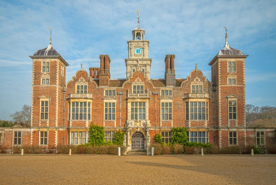 17th Century Manor house under blue skies with white clouds and soft sunlight in wintertime, Blickling, Norfolk, England, Uk, Europe, 30th January 2009.