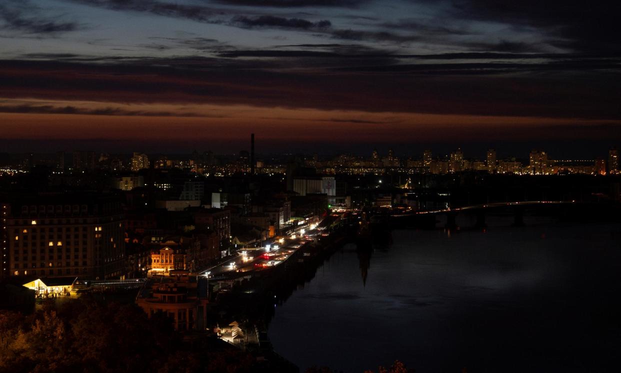 <span>The central district of Kyiv during a blackout this month. Russia has destroyed or damaged more than half of Ukraine’s power generation.</span><span>Photograph: Alex Babenko/AP</span>