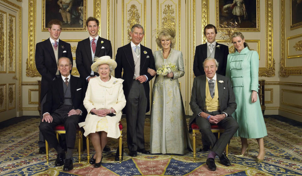 <p>On April 9 2005, Prince Charles and Camilla Parker-Bowles tied the knot in a civil ceremony at Windsor Guildhall. Queen Elizabeth II and Prince Philip did not attend the event but later joined the congregation at St George’s Chapel for a service of prayer. Camilla donned two outfits during the day which were both created by London-based designers Antonia Robinson and Anna Valentine. She accessorised her regal attire with hats by Philip Treacy. <em>[Photo: Getty]</em> </p>