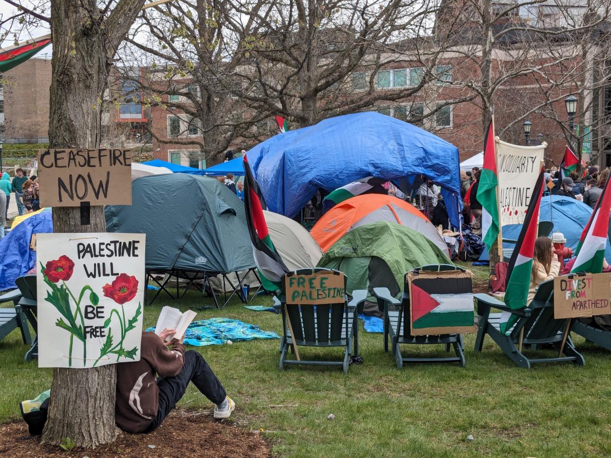 Pro-Palestinian students from UVM set up an encampment outside Andrew Harris Commons on April 28, 2024 to pressure the university to cut financial and academic ties with Israel.