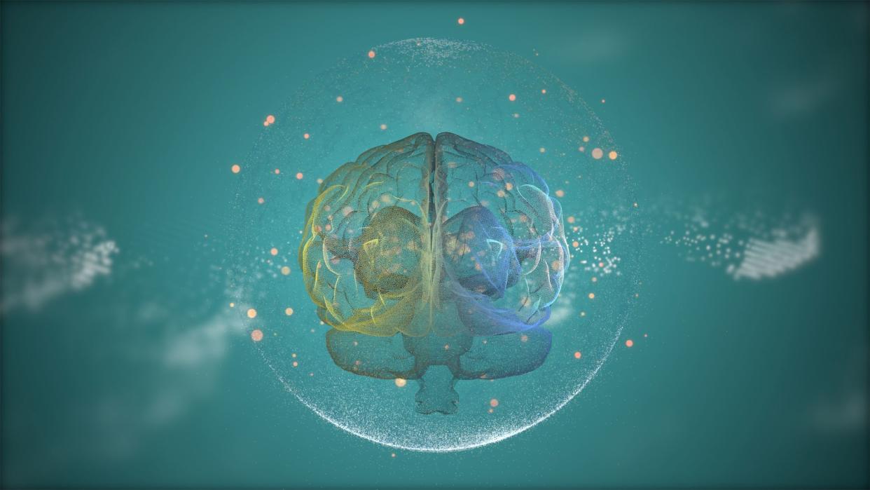 3d render animated brain among golden bokeh particles inside protection sphere over green background.