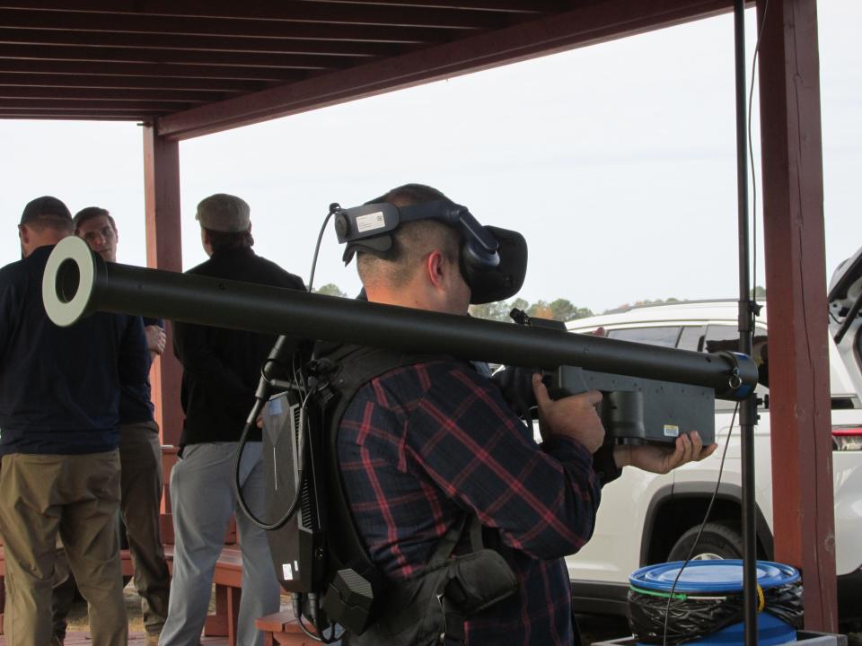 A BlueHalo Virtual Stinger Trainer is used Thursday, Nov. 16, 2023, at The Range Complex in Autryville as part of the Global SOF Foundation's Modern Warfare Week.