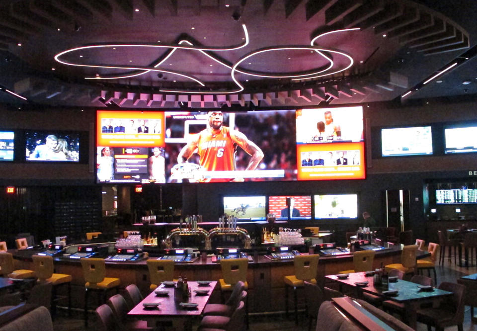 This Friday, June 28, 2019 photo, shows the Borgata casino's new sports betting lounge which is set to open to the public the following day in Atlantic City, N.J. The Borgata and Bally's are opening expanded sportsbooks worth more than $20 million. (AP Photo/Wayne Parry)