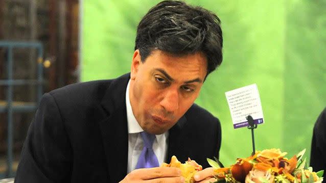 Former UK Labour leader Ed Miliband making a mess of lunch.