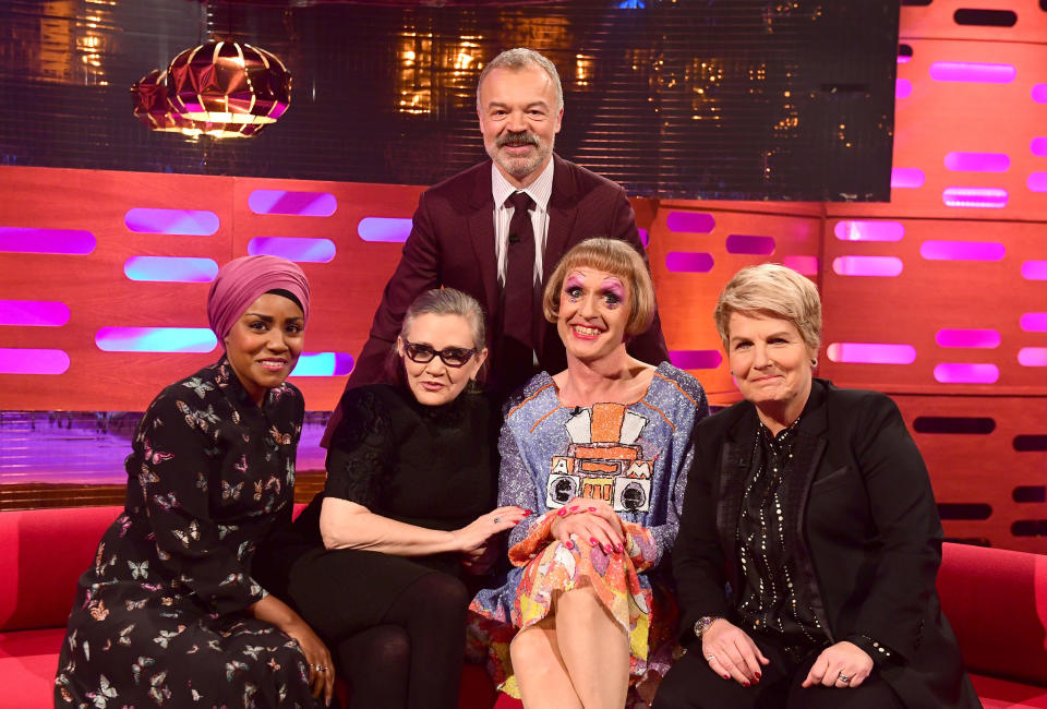 (left to right) Nadiya Hussain, Carrie Fisher, Graham Norton, Grayson Perry and Sandi Toksvig appearing on the Graham Norton Show filmed at the London Studios. London.