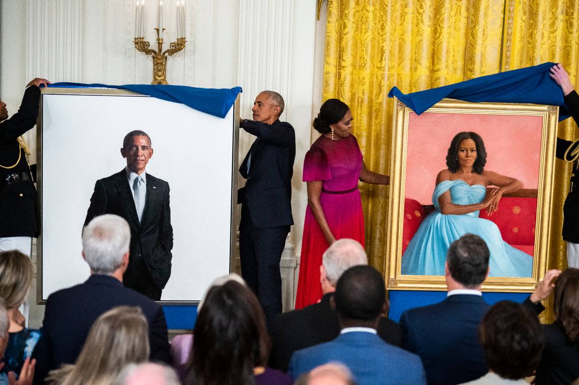 UNITED STATES - SEPTEMBER 7: Former President Barack Obama and former First Lady Michelle Obama view their official White House portraits during an unveiling ceremony in the East Room of the White House on Wednesday, September 7, 2022. (Tom Williams/CQ Roll Call via AP Images)