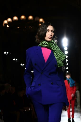 US supermodel Bella Hadid rocks a double-breasted suit at the Berluti Paris show