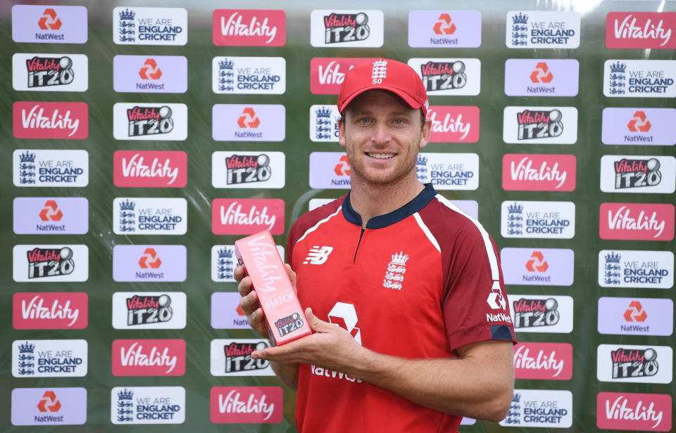 Jos Buttler of England poses after being named man of the match during the 2nd Vitality International Twenty20 match.