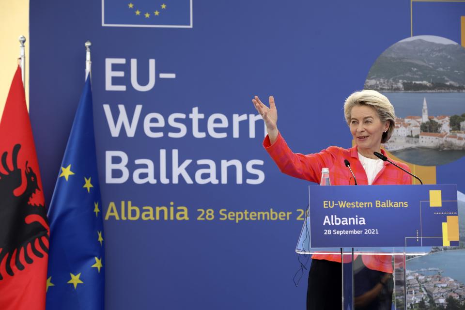 President of the European Commission Ursula von der Leyen speaks during a news conference with the Albanian Prime Minister Edi Rama in Tirana, Albania, Tuesday, Sept. 28, 2021. Von der Leyen visits six Western Balkan countries which share a common European future. ahead of their Oct. 6 summit. (AP Photo/Franc Zhurda)
